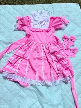 Pink Lace Trim Girls' Party Costume Dress with Bows